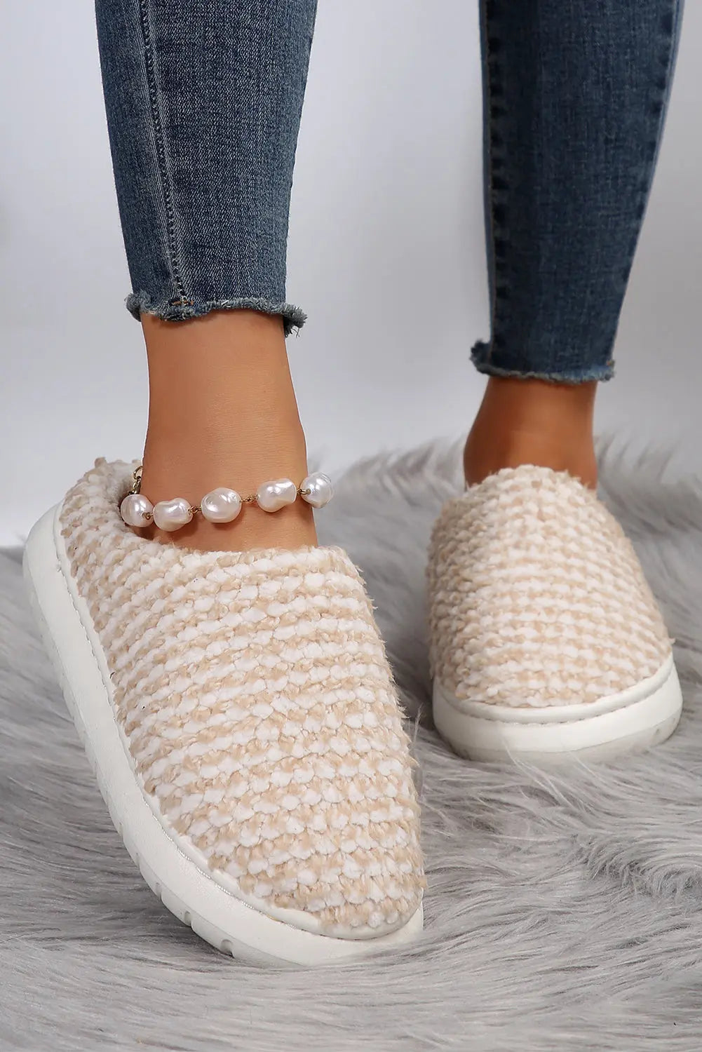 Pale Khaki Two-tone Knitted Warm Homewear Slippers - eAura