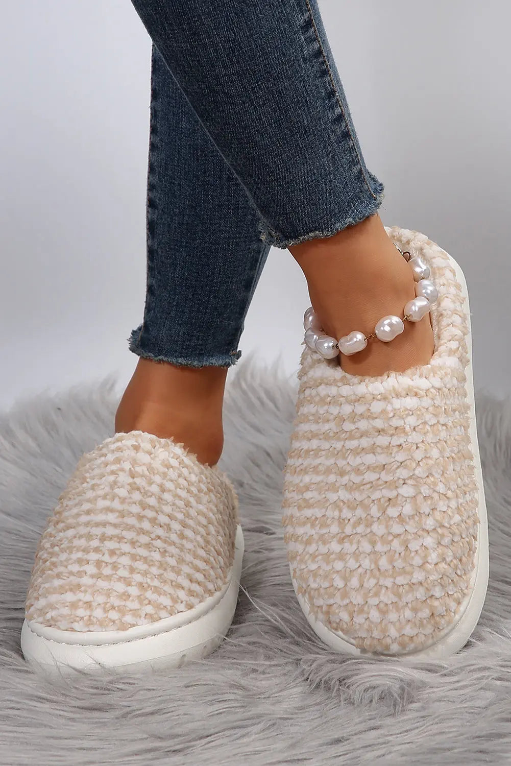 Pale Khaki Two-tone Knitted Warm Homewear Slippers - eAura