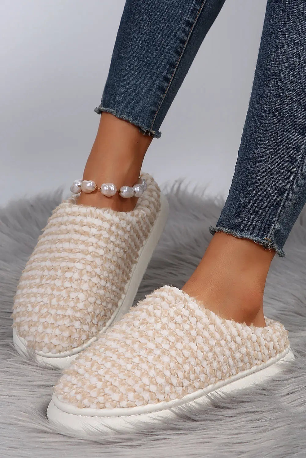 Pale Khaki Two-tone Knitted Warm Homewear Slippers - eAura