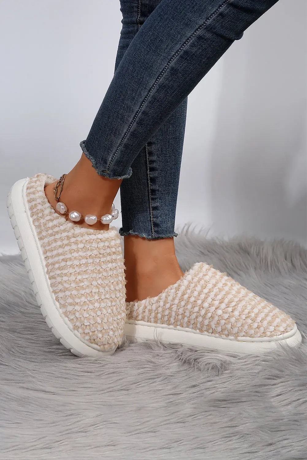 Pale Khaki Two-tone Knitted Warm Homewear Slippers - eAura