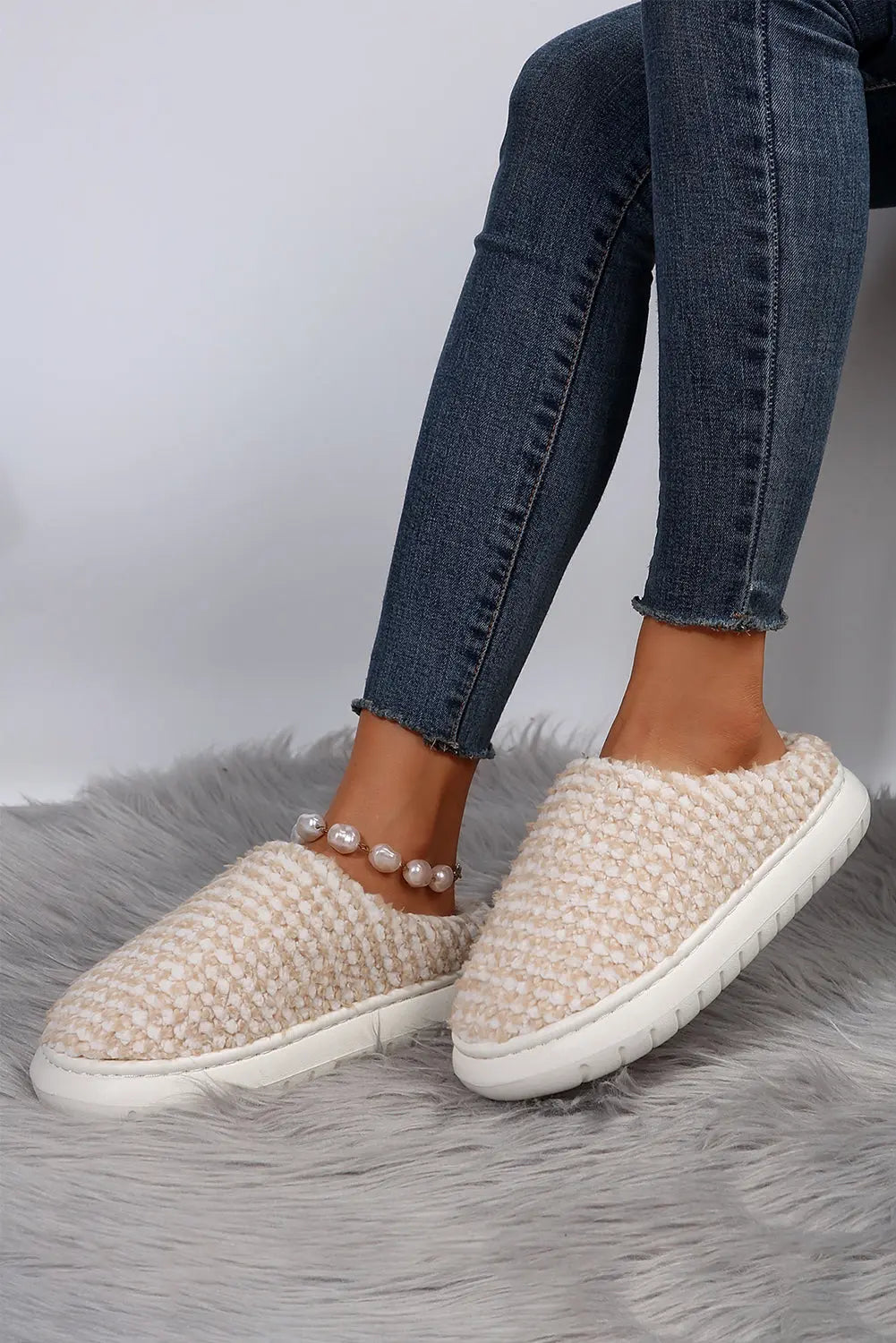 Pale Khaki Two-tone Knitted Warm Homewear Slippers - eAura
