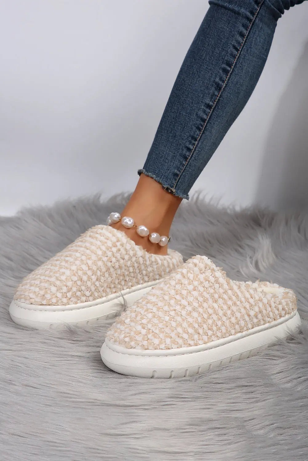 Pale Khaki Two-tone Knitted Warm Homewear Slippers - eAura