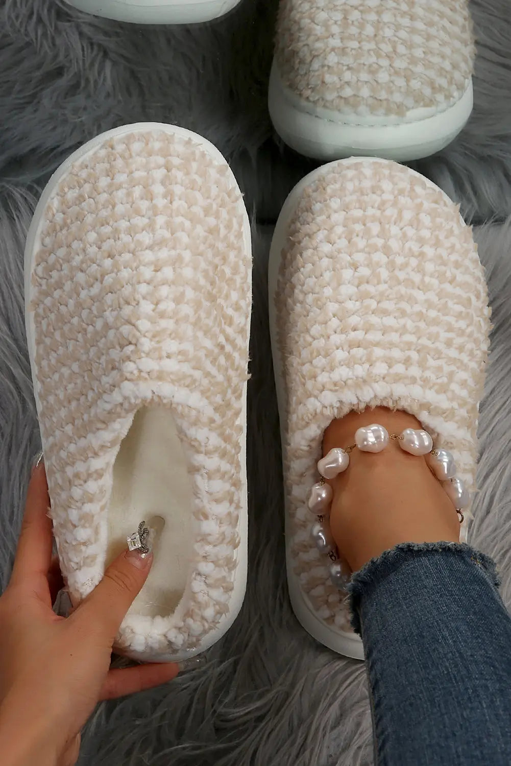 Pale Khaki Two-tone Knitted Warm Homewear Slippers - eAura