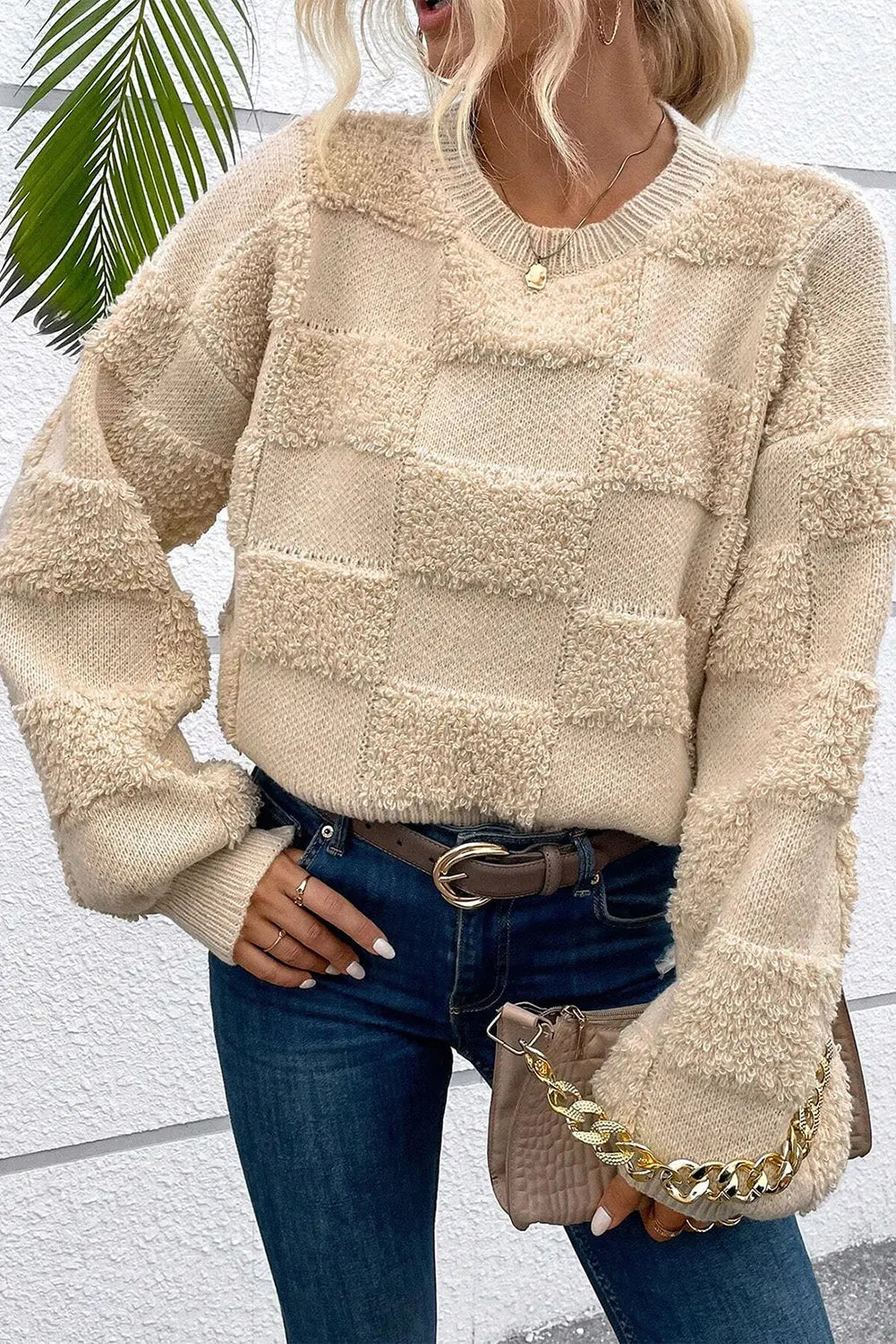 Parchment Checkered Sherpa Crew Neck Loose Sweater Beagle Boutique Fashion Outlet