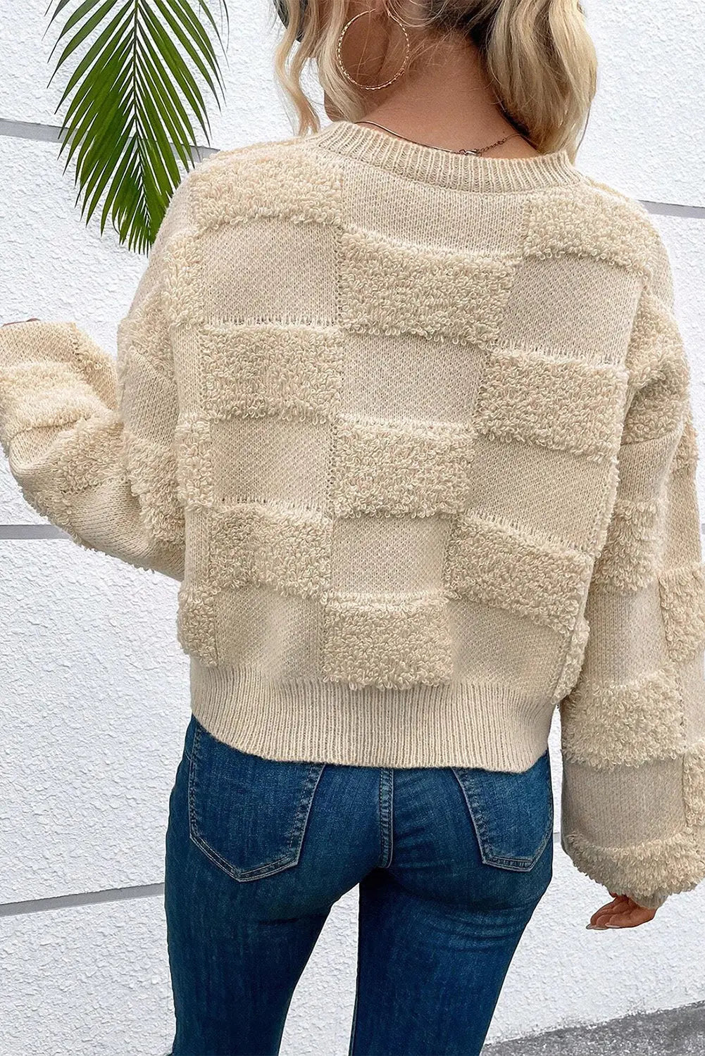 Parchment Checkered Sherpa Crew Neck Loose Sweater Beagle Boutique Fashion Outlet