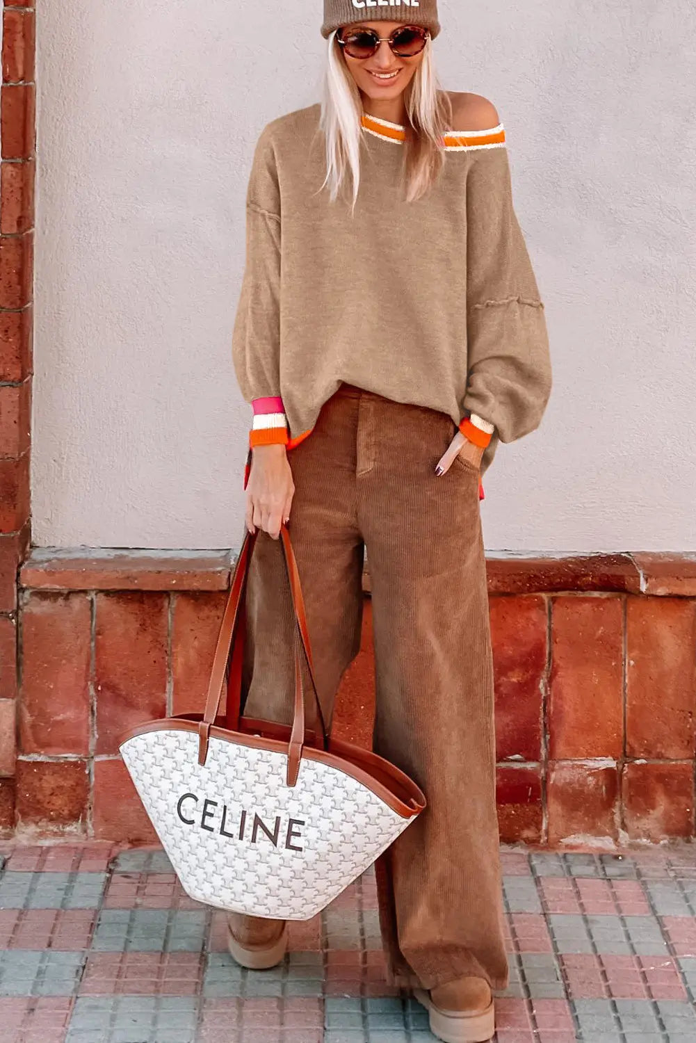 Parchment Colorblock Striped Trim Drop Shoulder Sweater - eAura