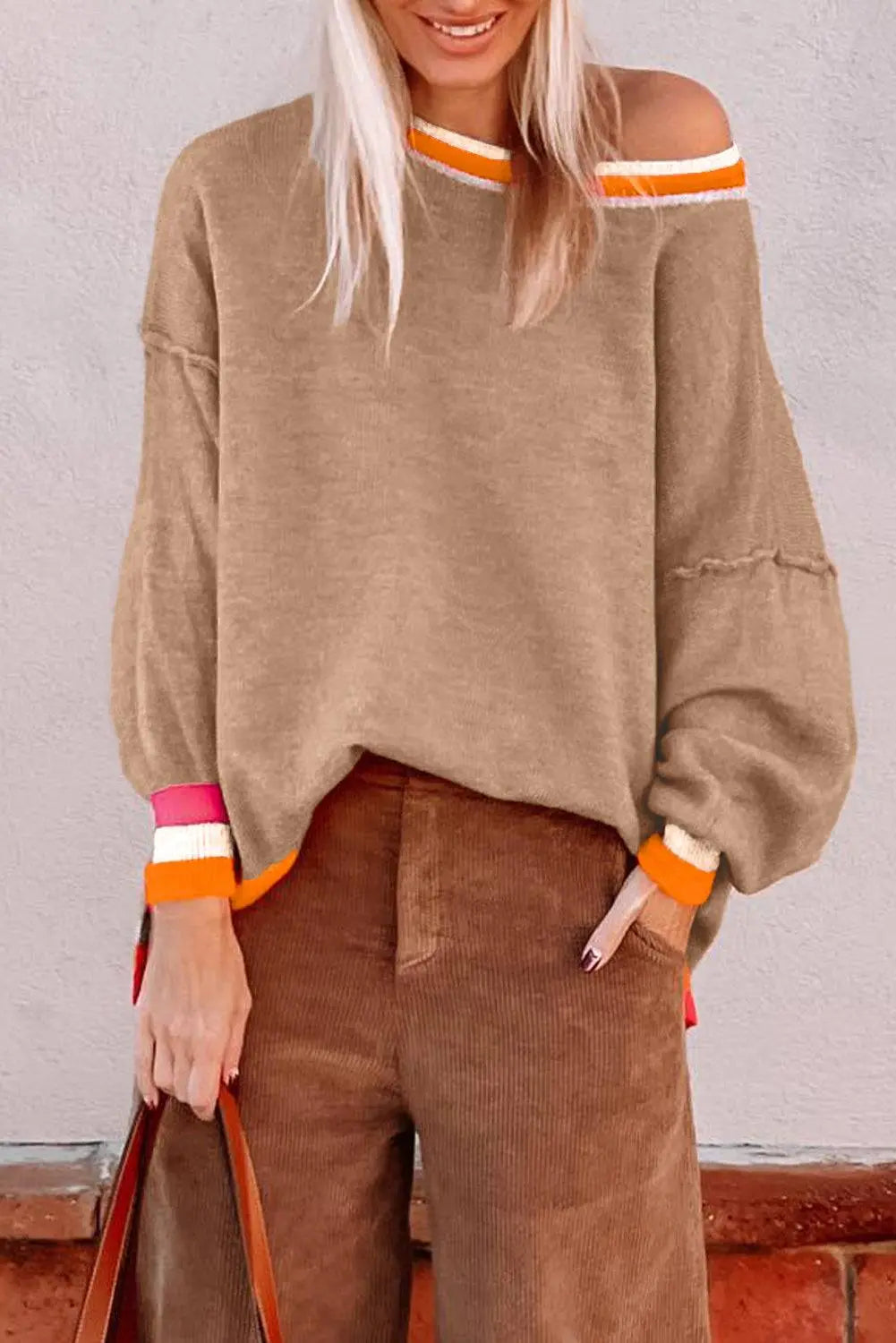 Parchment Colourblock Striped Trim Drop Shoulder Sweater - BB Fashion Outlet