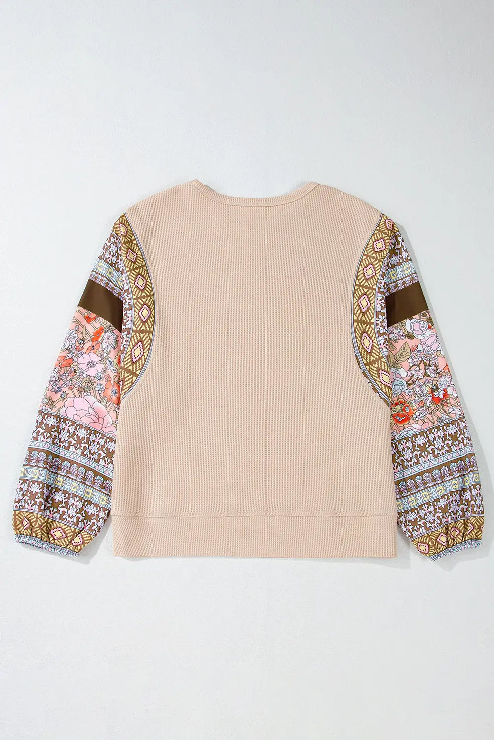 Parchment Contrast Floral Patchwork Puff Sleeve Waffle Knit Top - eAura