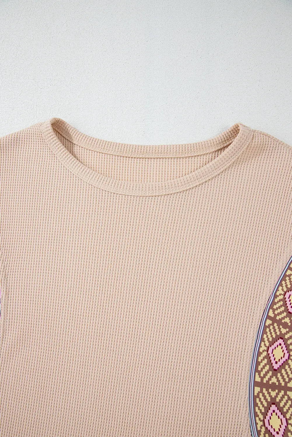 Parchment Contrast Floral Patchwork Puff Sleeve Waffle Knit Top - eAura