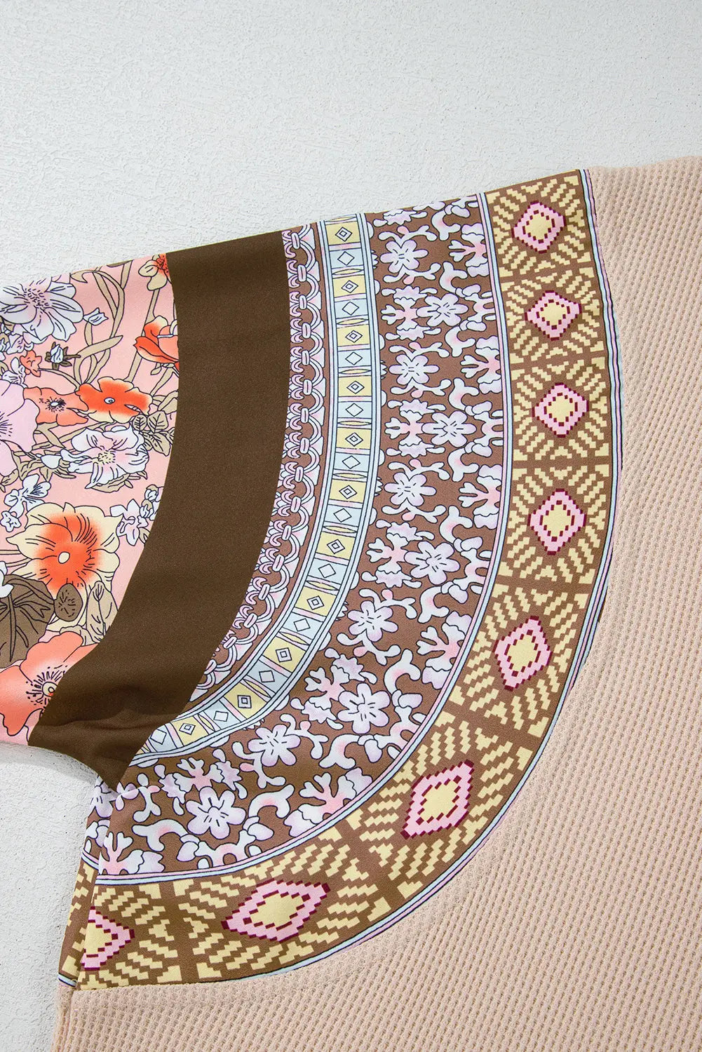 Parchment Contrast Floral Patchwork Puff Sleeve Waffle Knit Top - eAura