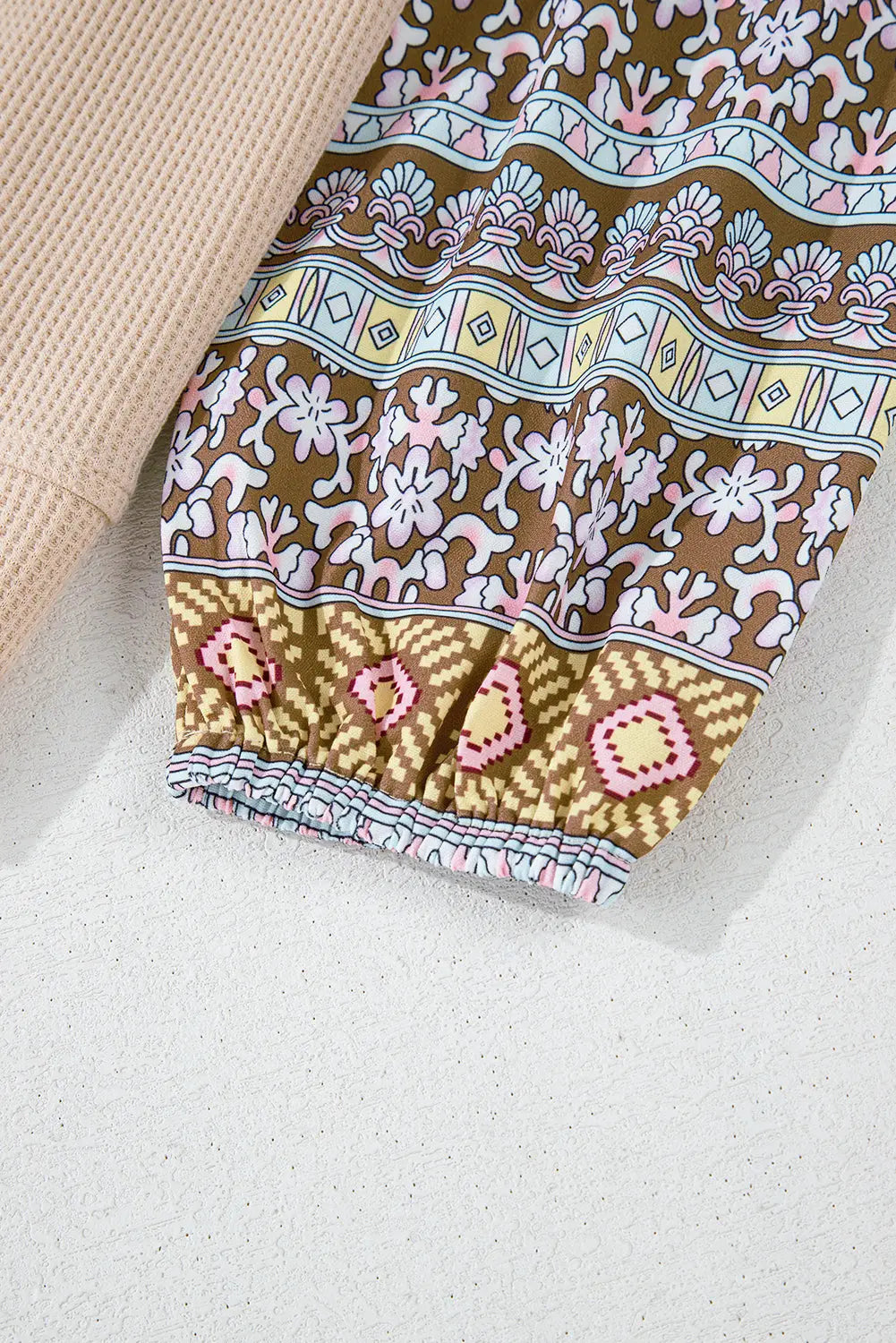 Parchment Contrast Floral Patchwork Puff Sleeve Waffle Knit Top - eAura