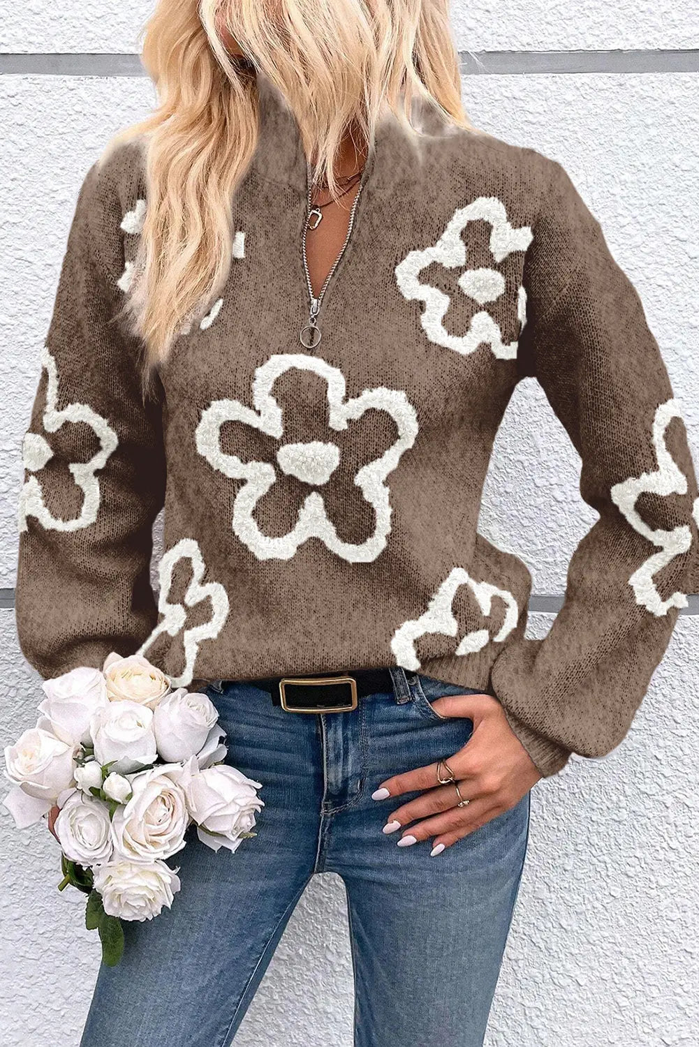 Parchment Contrast Flower Half Zipper Stand Neck Sweater - eAura
