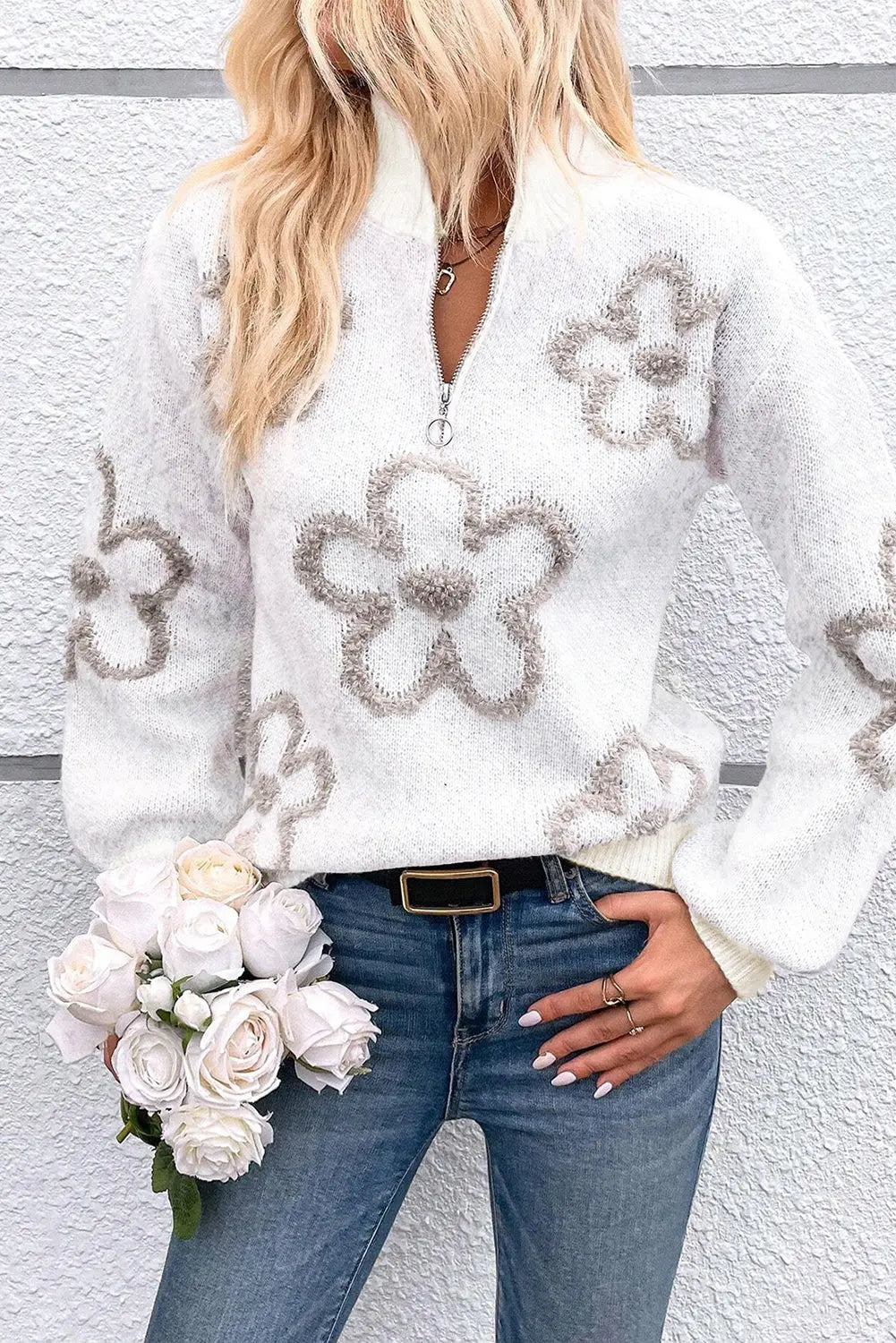 Parchment Contrast Flower Half Zipper Stand Neck Sweater - eAura