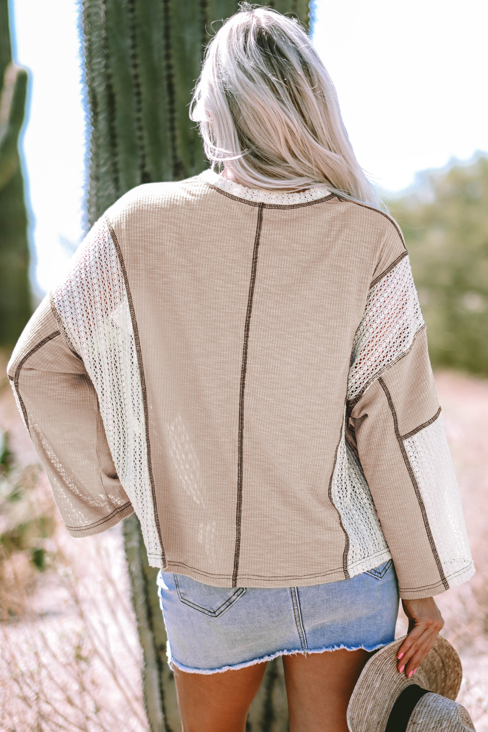 Parchment Crochet Detail Exposed Seam High Low Loose Top - eAura