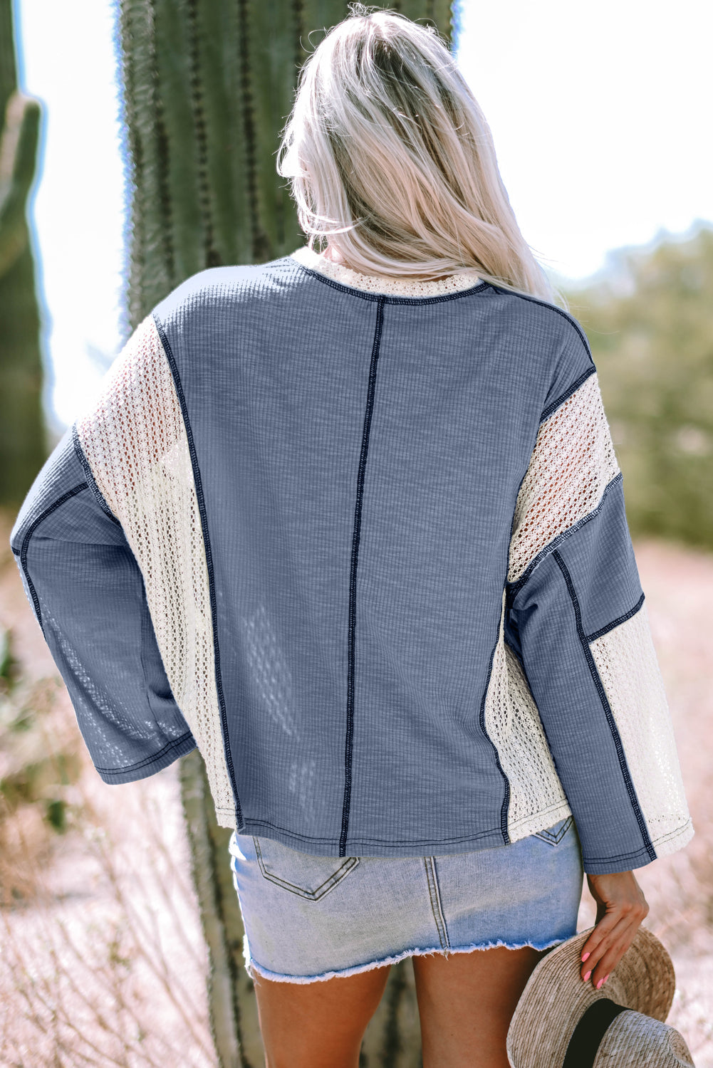 Parchment Crochet Detail Exposed Seam High Low Loose Top - eAura