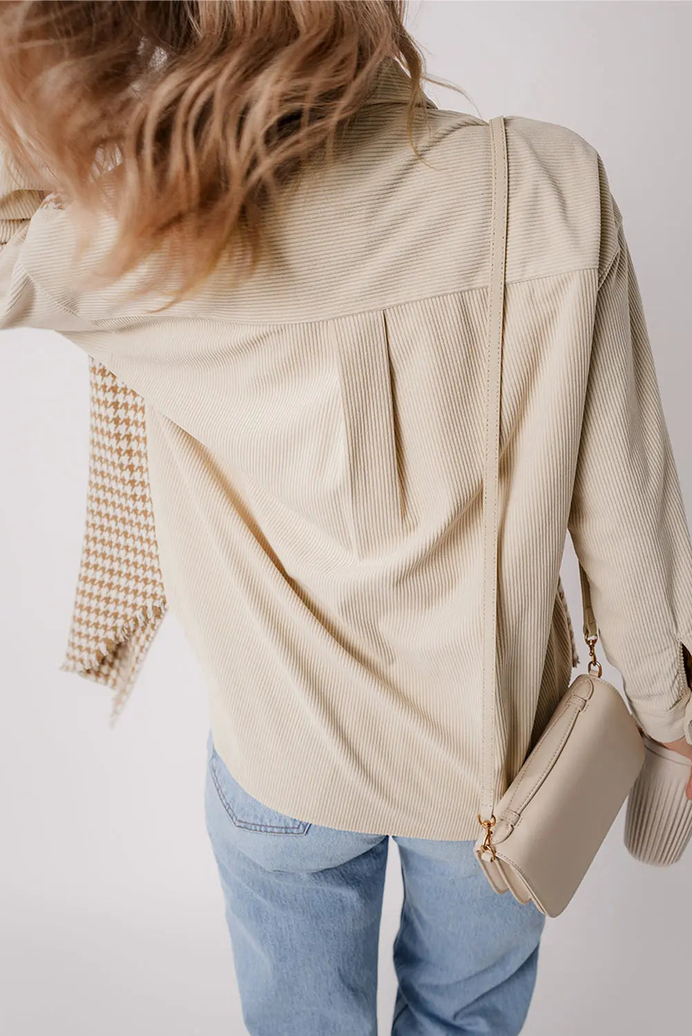 Parchment Houndstooth Corduroy Patchwork Flap Pocket Shacket - eAura