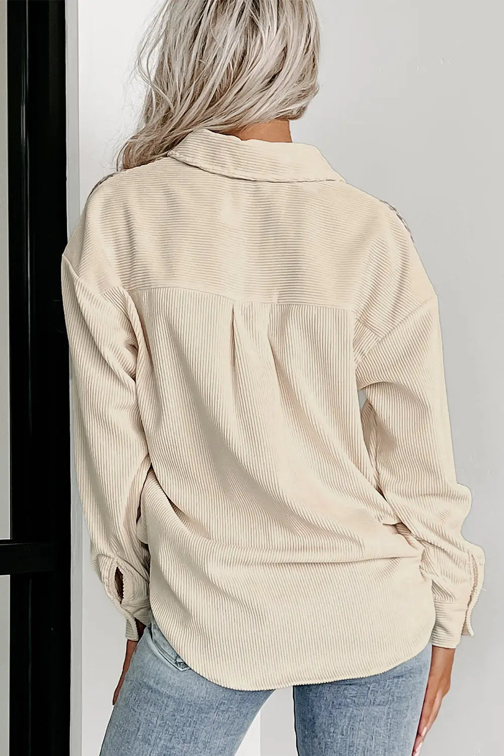 Parchment Houndstooth Corduroy Patchwork Flap Pocket Shacket - eAura