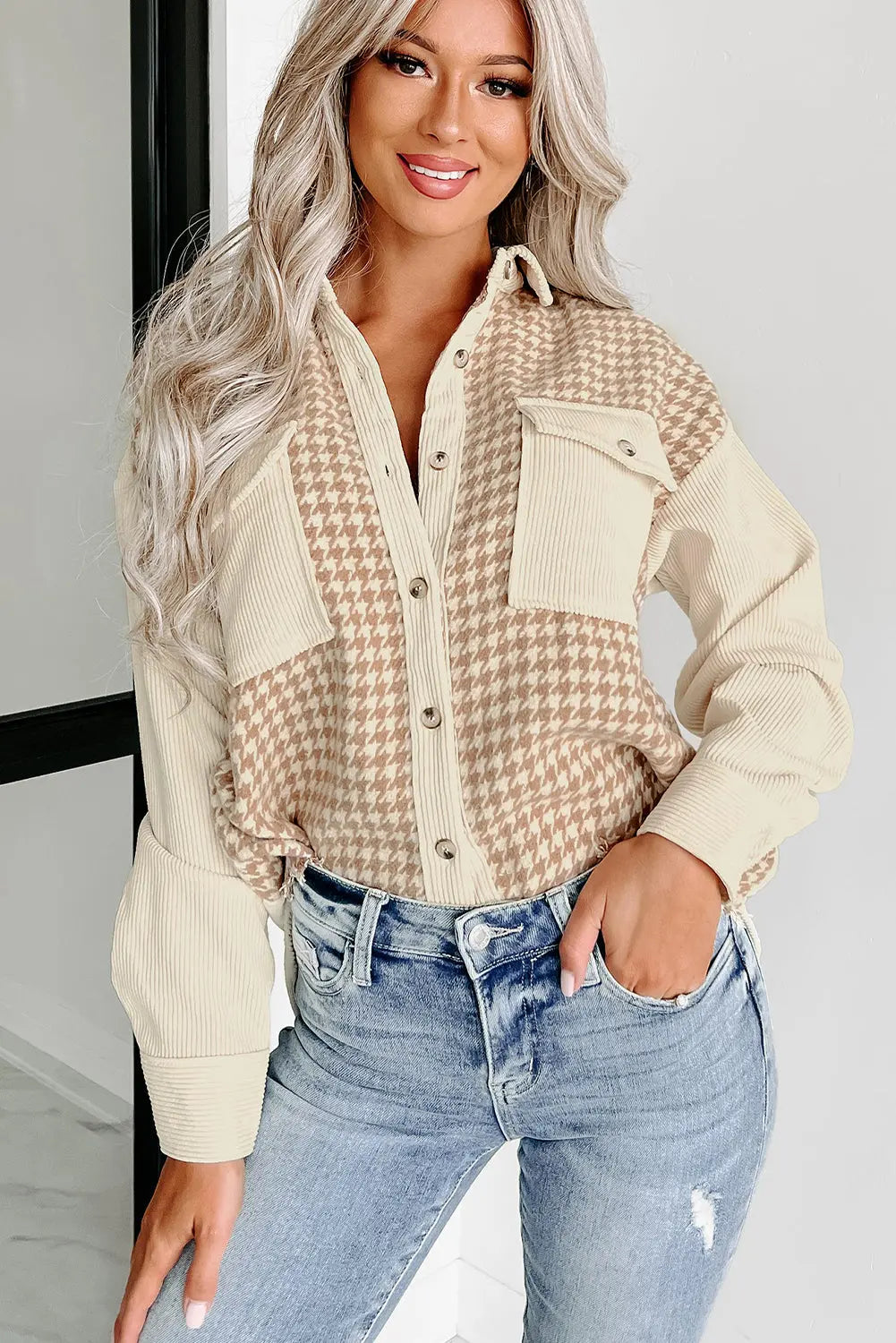 Parchment Houndstooth Corduroy Patchwork Flap Pocket Shacket - eAura