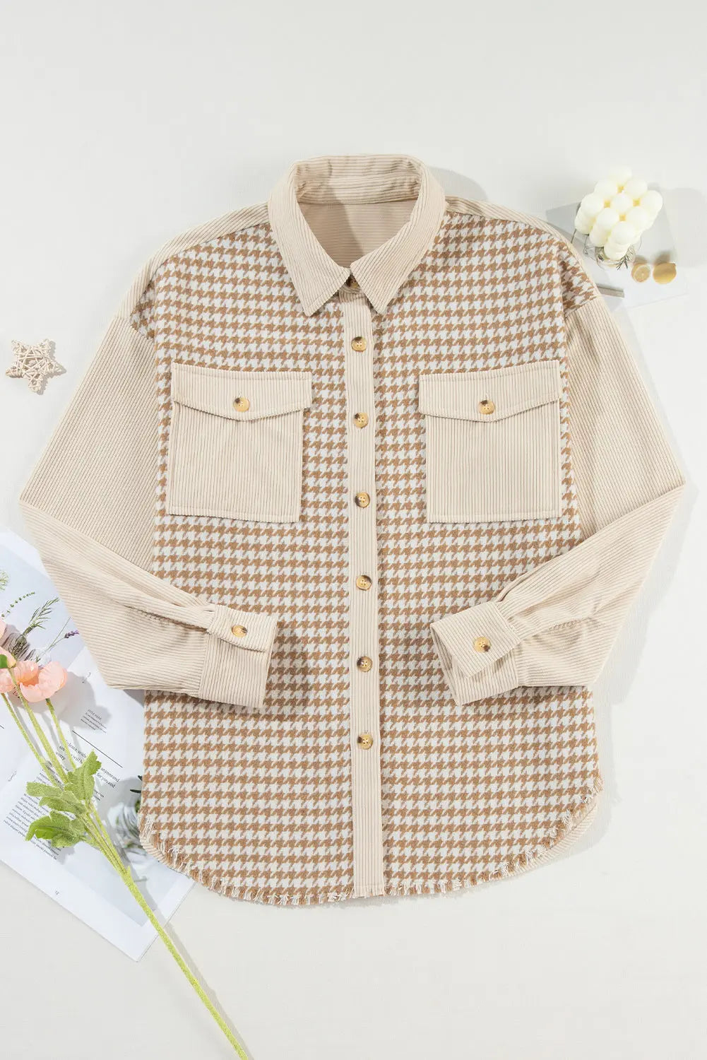 Parchment Houndstooth Corduroy Patchwork Flap Pocket Shacket - eAura