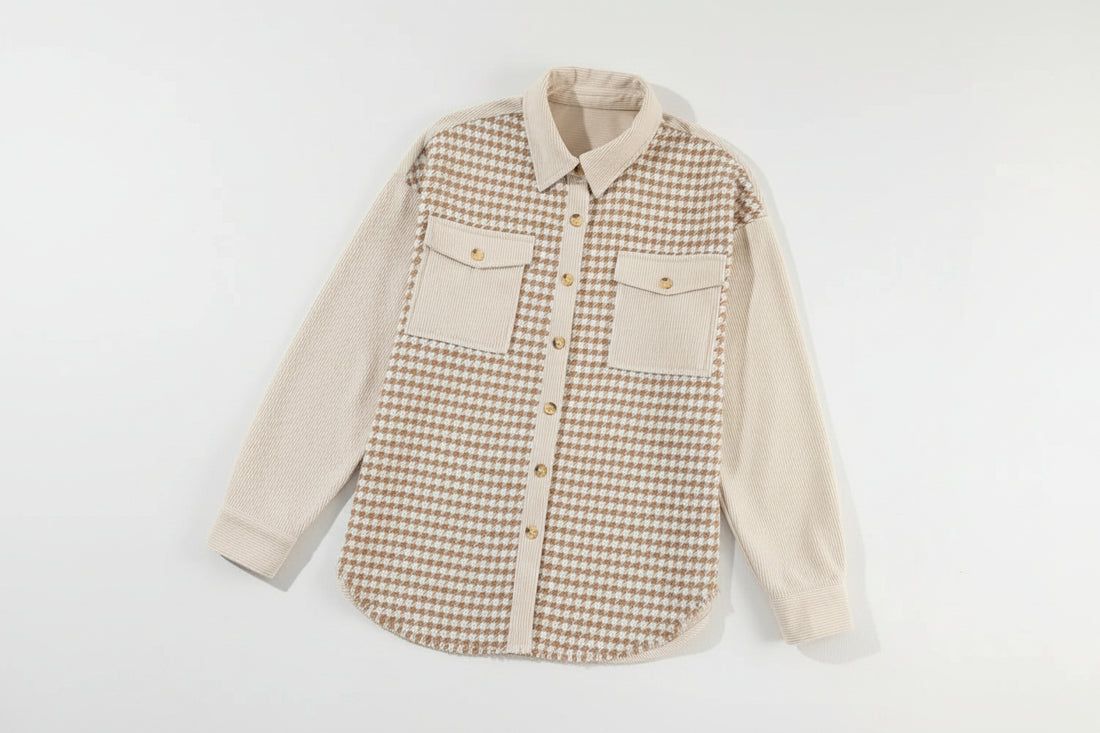 Parchment Houndstooth Corduroy Patchwork Flap Pocket Shacket - Outerwear/Jackets