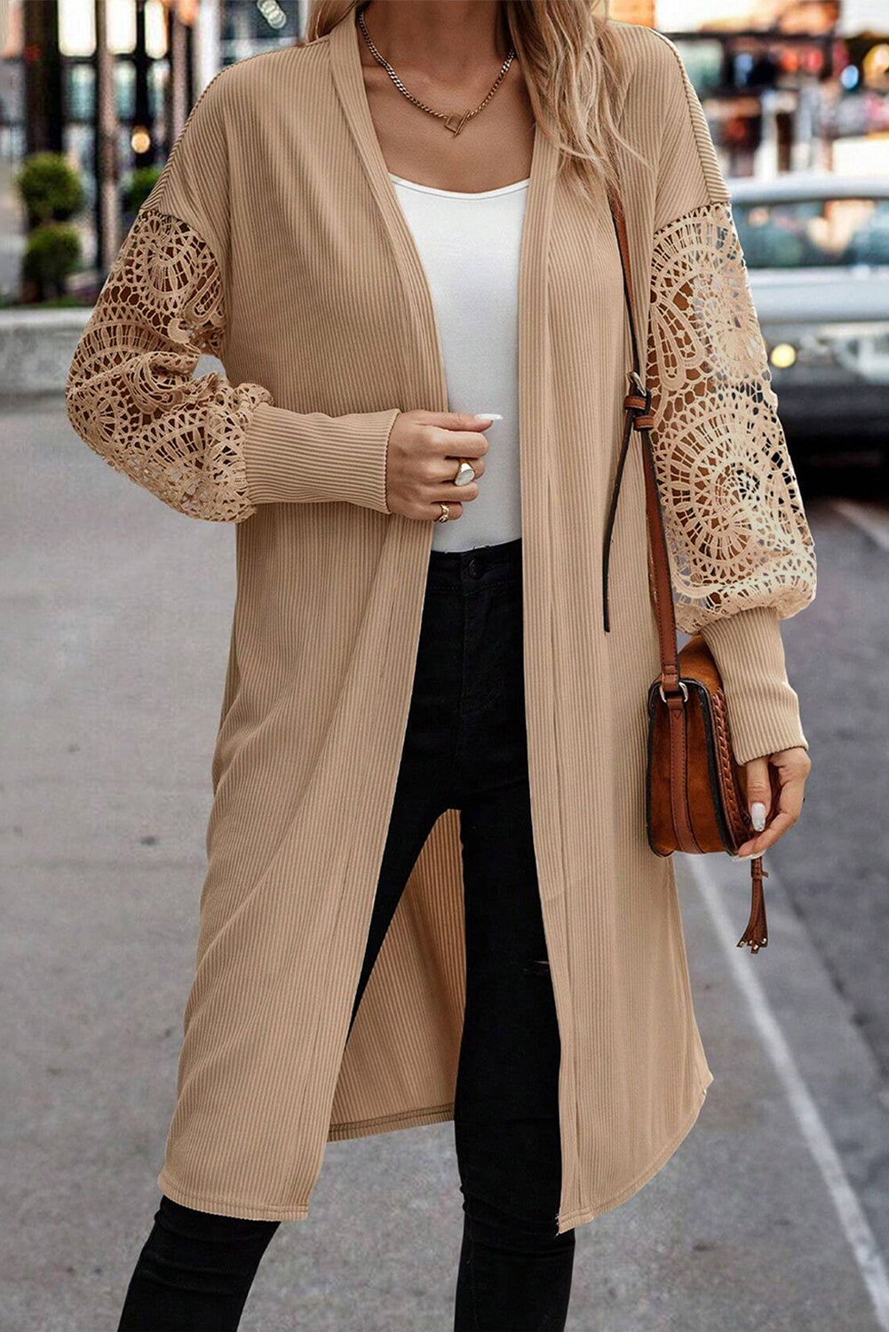 Parchment Lace Patchwork Ribbed Knit Open Front Duster Cardigan - eAura
