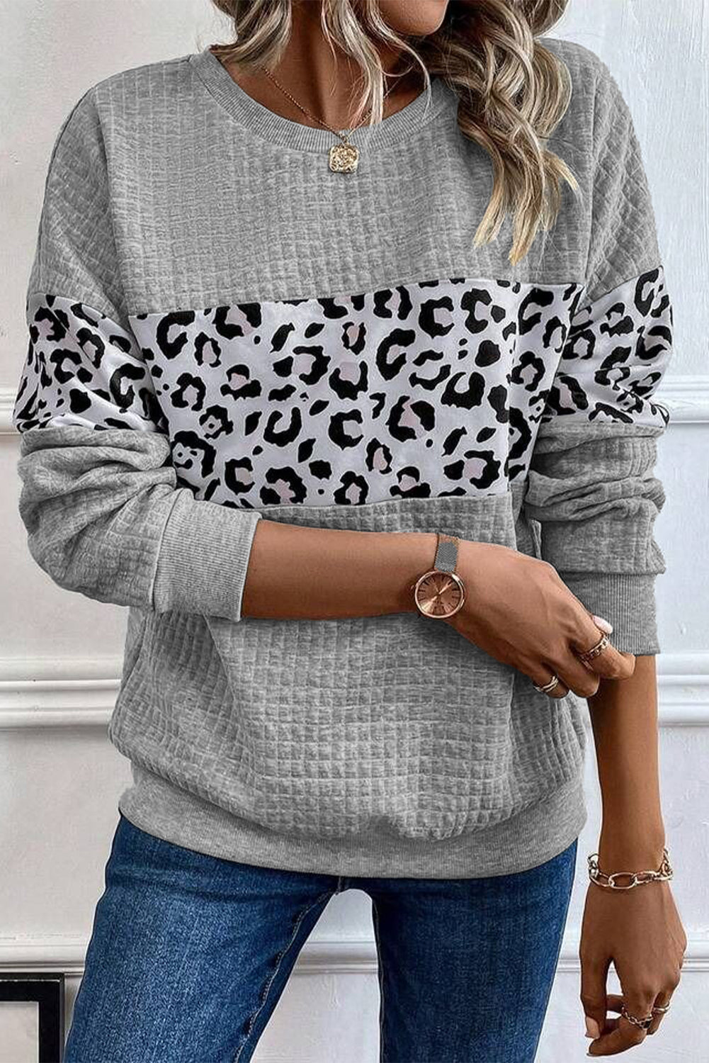 Parchment Leopard Quilted Patchwork Crew Neck Sweatshirt - Tops/Sweatshirts & Hoodies