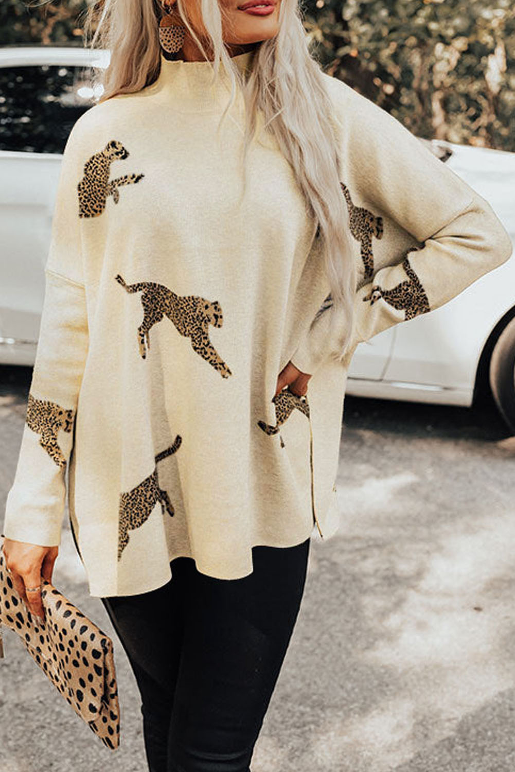 Parchment Lively Cheetah Print High Neck Split Hem Sweater - eAura