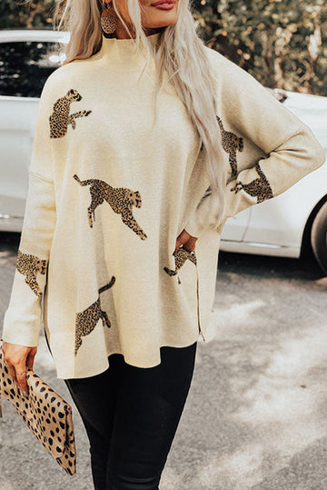 Parchment Lively Cheetah Print High Neck Split Hem Sweater - PARCHMENT / S / 52% VISCOSE + 26% POLYESTER + 22%