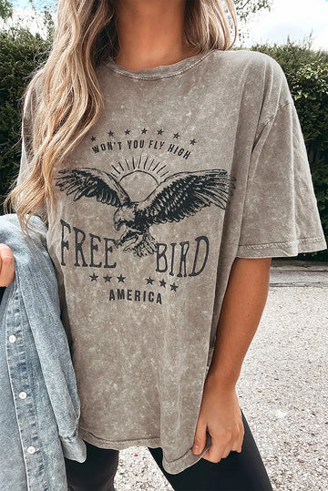 Parchment Mineral Washed FREE BIRD America Letter Graphic T-Shirt - eAura