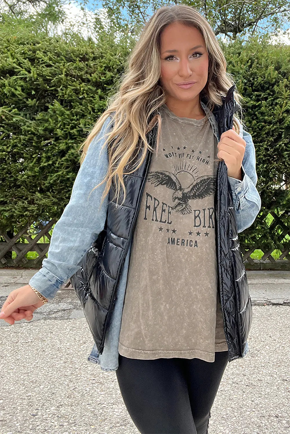 Parchment Mineral Washed FREE BIRD America Letter Graphic T-Shirt - eAura