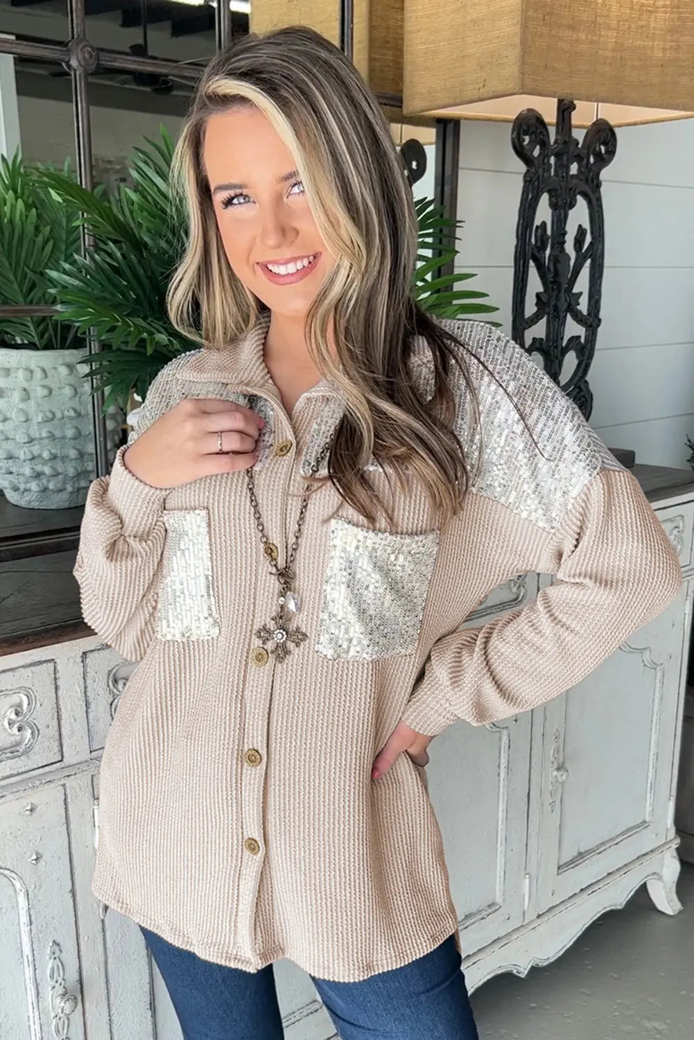 Parchment Sequin Patch Chest Pocket Corduroy Shacket - eAura