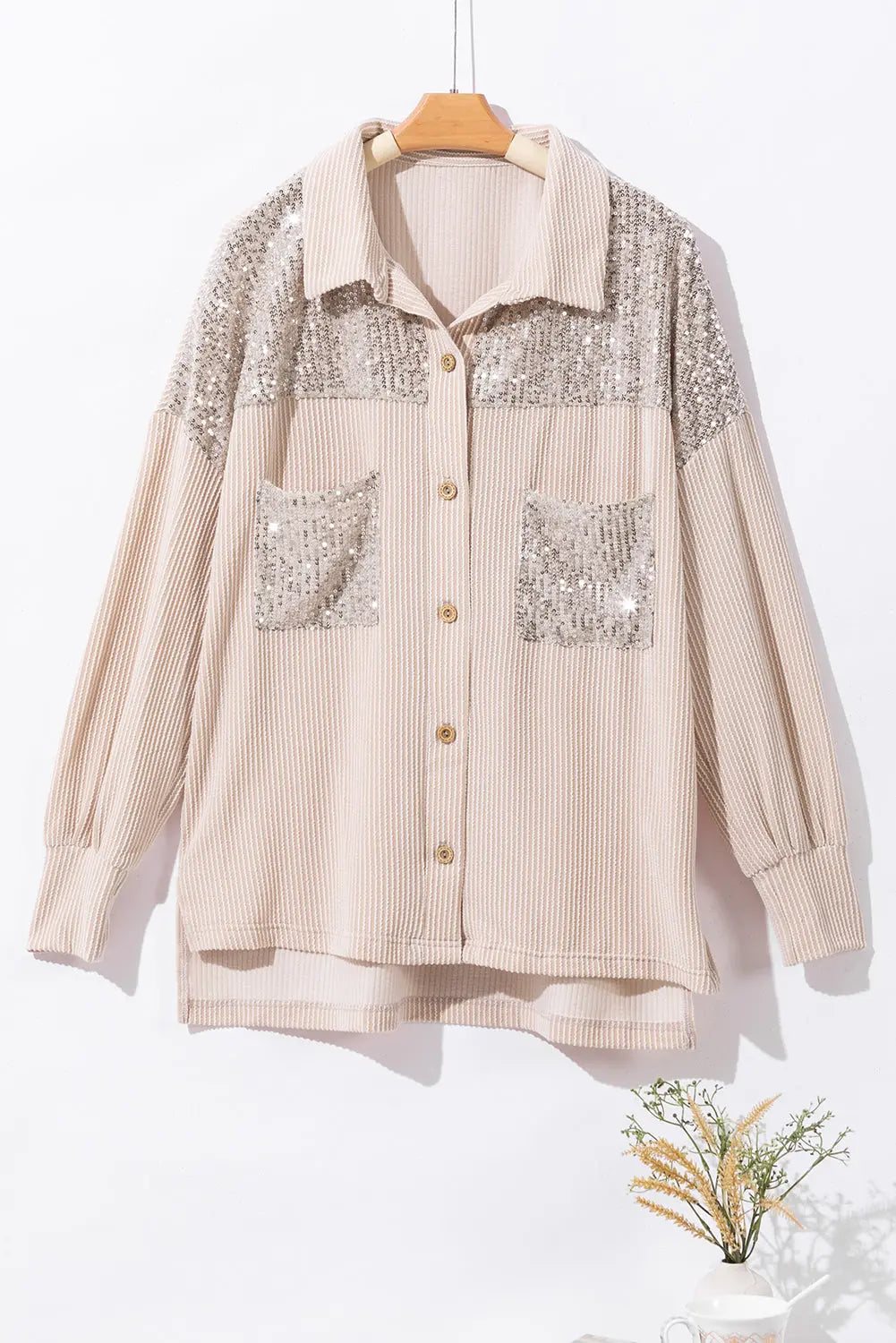Parchment Sequin Patch Chest Pocket Corduroy Shacket - eAura