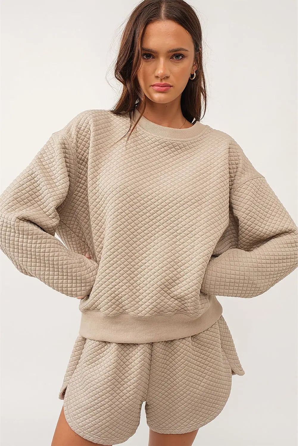 Parchment Solid Colour Quilted Long Sleeve Top and Shorts Set - eAura