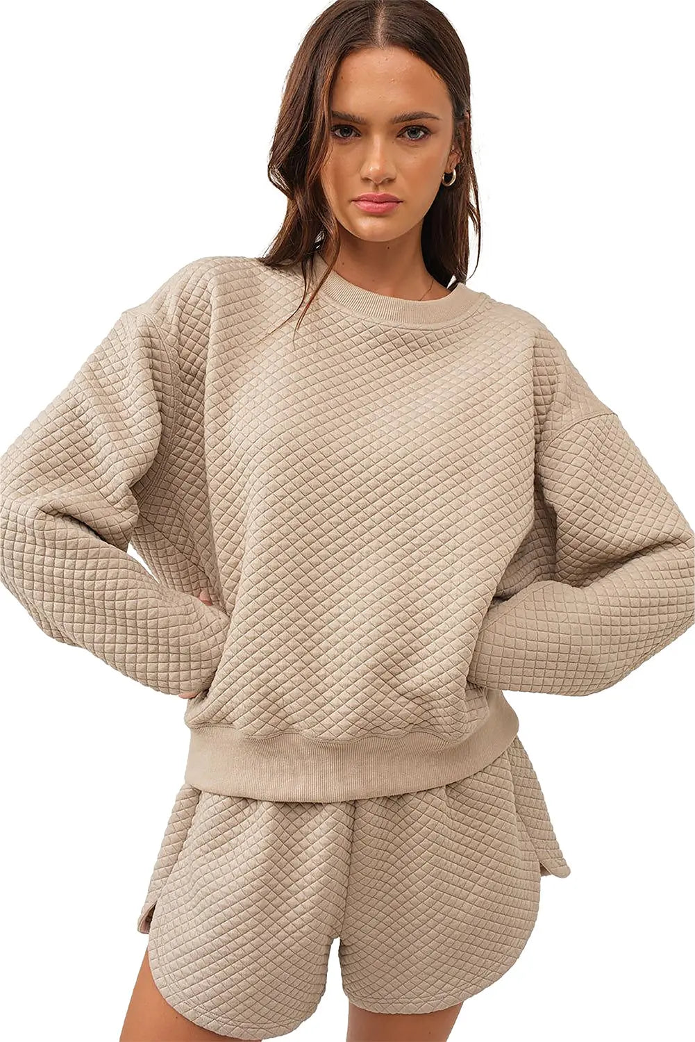 Parchment Solid Colour Quilted Long Sleeve Top and Shorts Set - eAura
