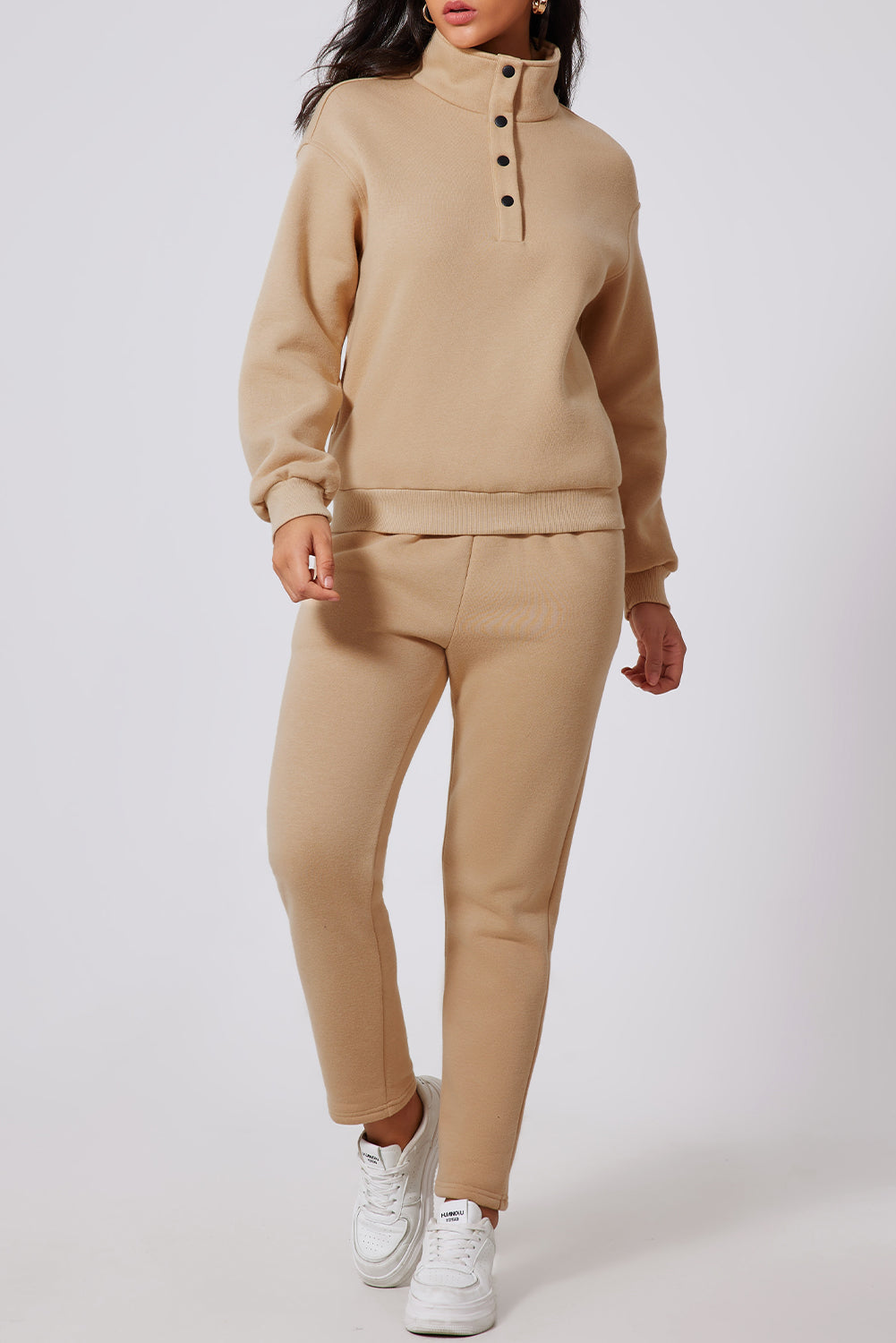 Parchment Solid Half Button Sweatshirt and High Waist SweatTrousers Set - eAura