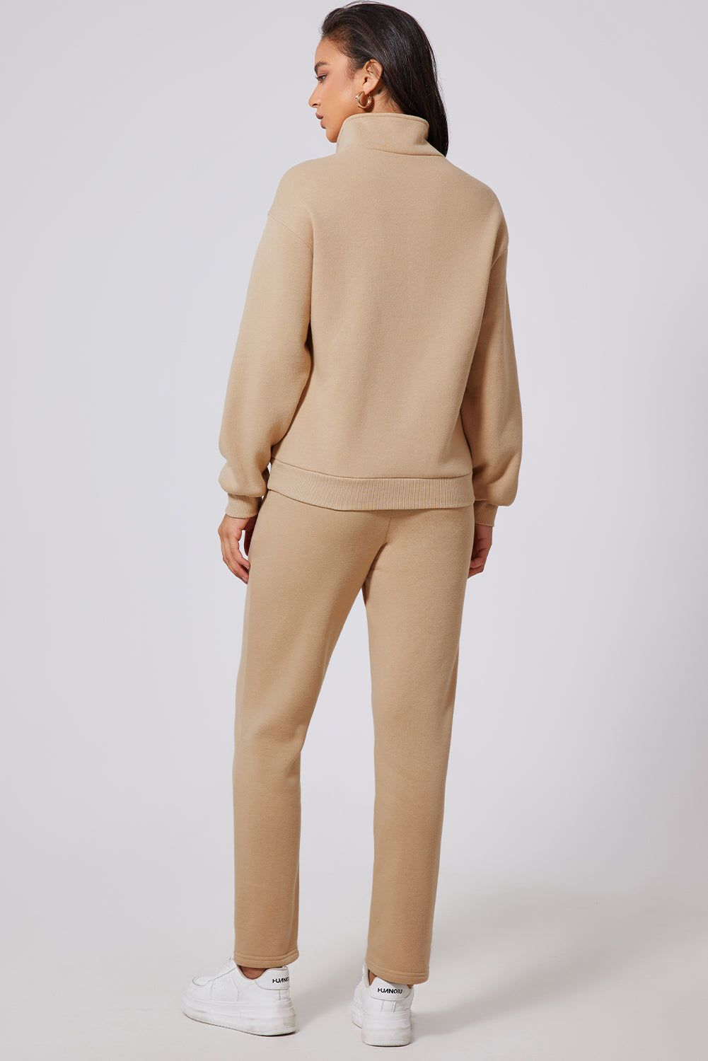 Parchment Solid Half Button Sweatshirt and High Waist SweatTrousers Set - eAura