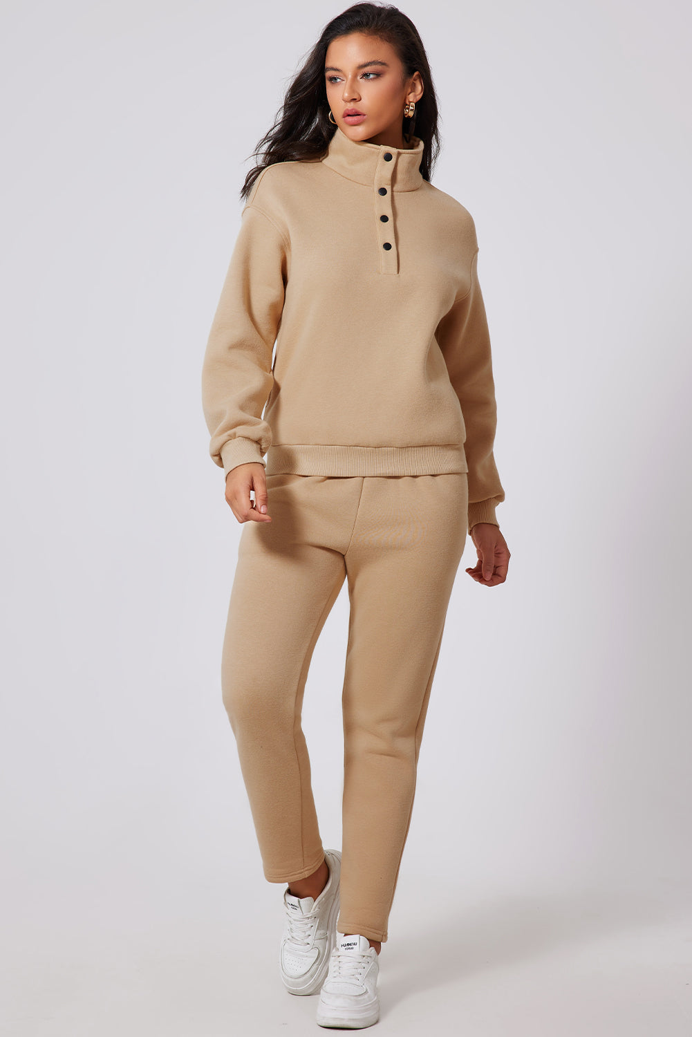 Parchment Solid Half Button Sweatshirt and High Waist SweatTrousers Set - eAura
