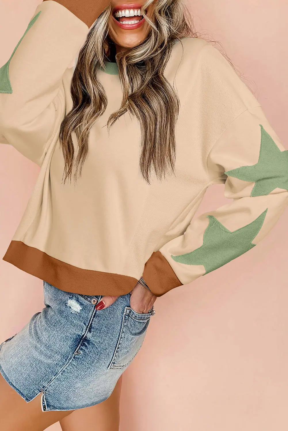 Parchment Star Patchwork Exposed Seam Oversized Sweatshirt Beagle Boutique Fashion Outlet