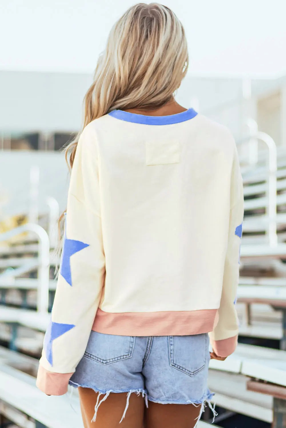 Parchment Star Patchwork Exposed Seam Oversized Sweatshirt Beagle Boutique Fashion Outlet