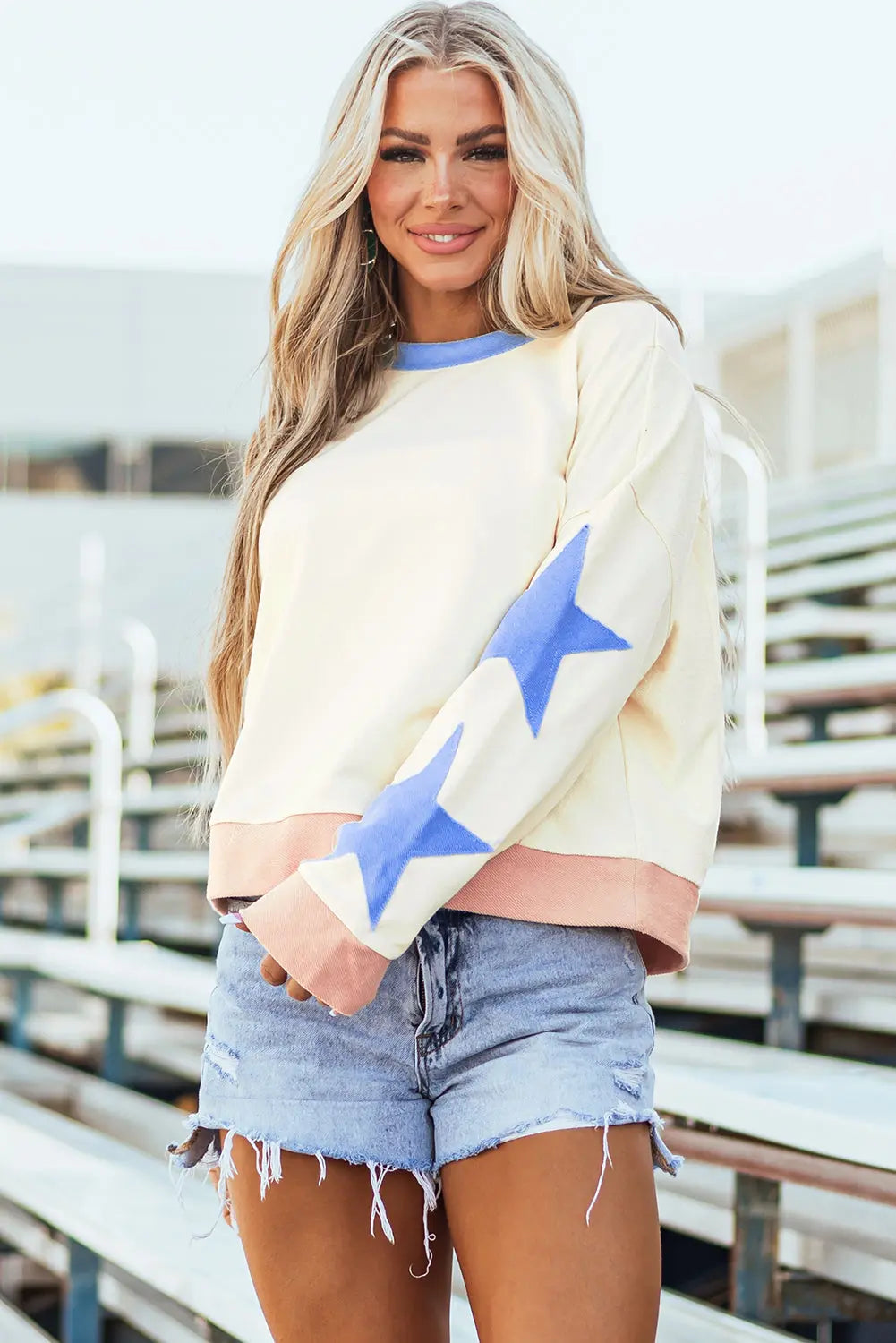 Parchment Star Patchwork Exposed Seam Oversized Sweatshirt Beagle Boutique Fashion Outlet