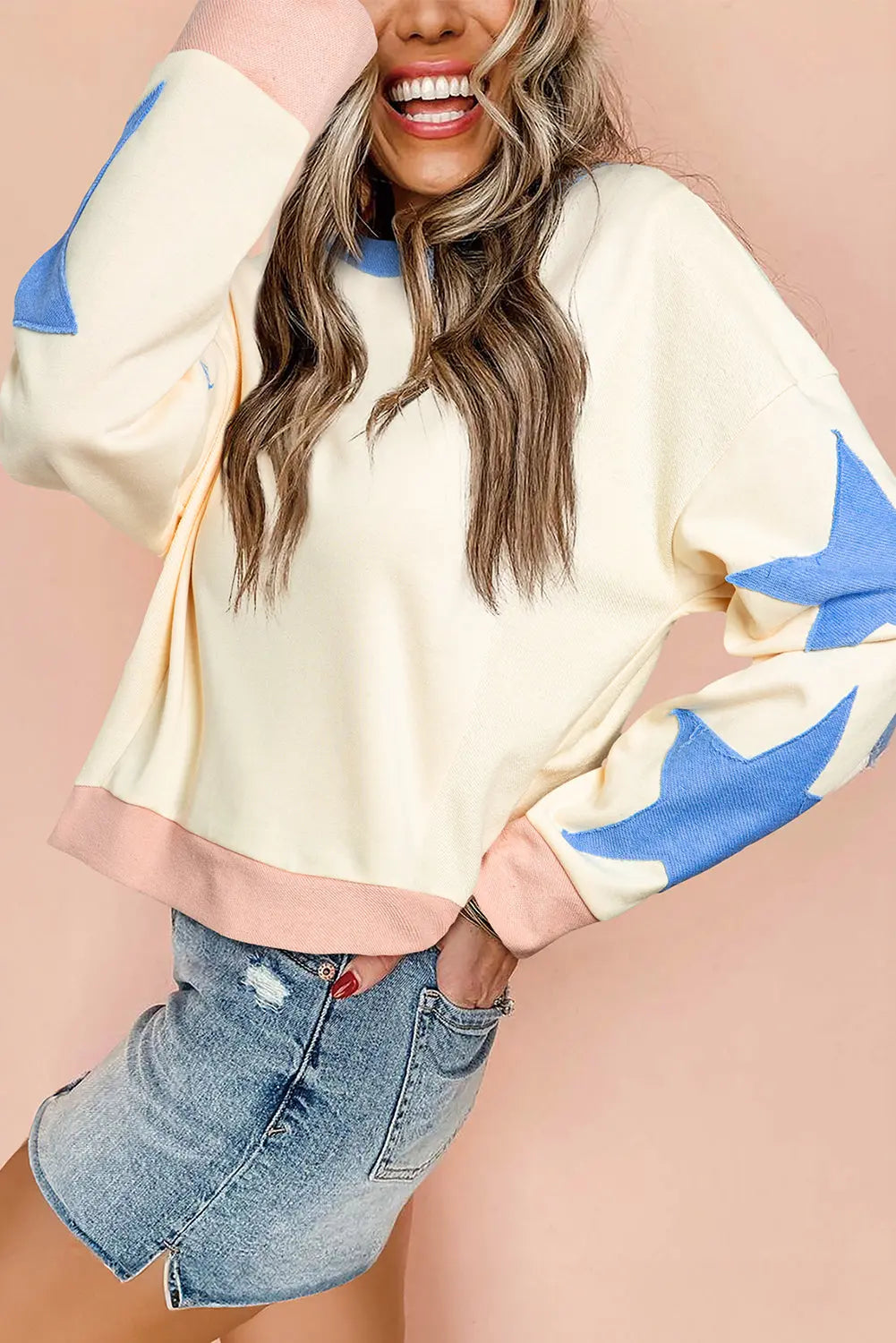 Parchment Star Patchwork Exposed Seam Oversized Sweatshirt Beagle Boutique Fashion Outlet