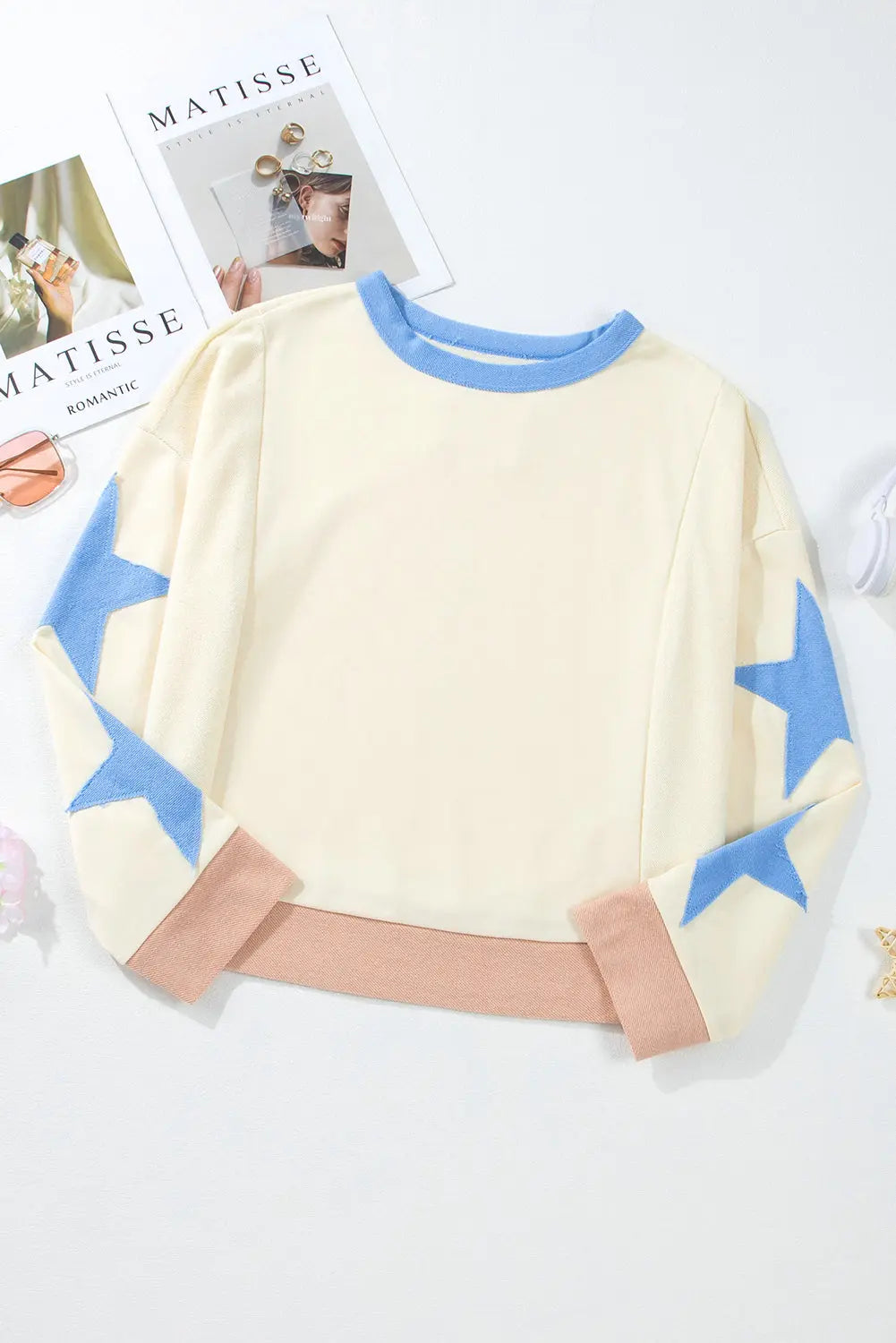 Parchment Star Patchwork Exposed Seam Oversized Sweatshirt Beagle Boutique Fashion Outlet