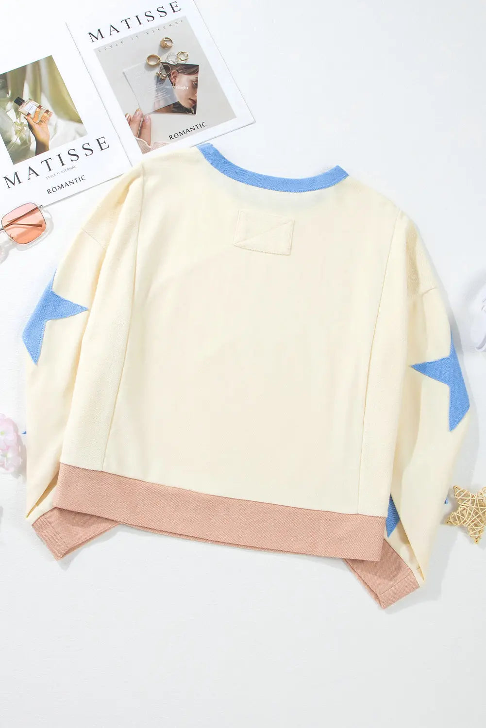Parchment Star Patchwork Exposed Seam Oversized Sweatshirt Beagle Boutique Fashion Outlet