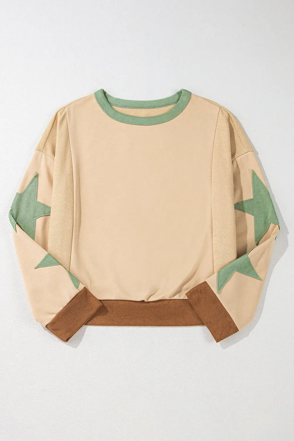 Parchment Star Patchwork Exposed Seam Oversized Sweatshirt Beagle Boutique Fashion Outlet
