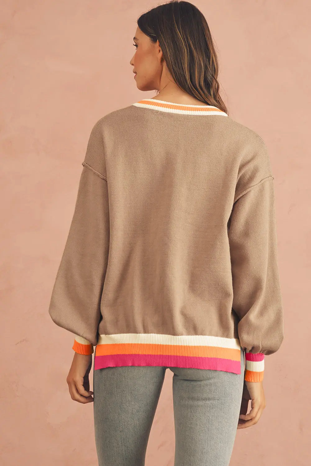 Parchment Striped Trim Drop Shoulder Sweater - eAura