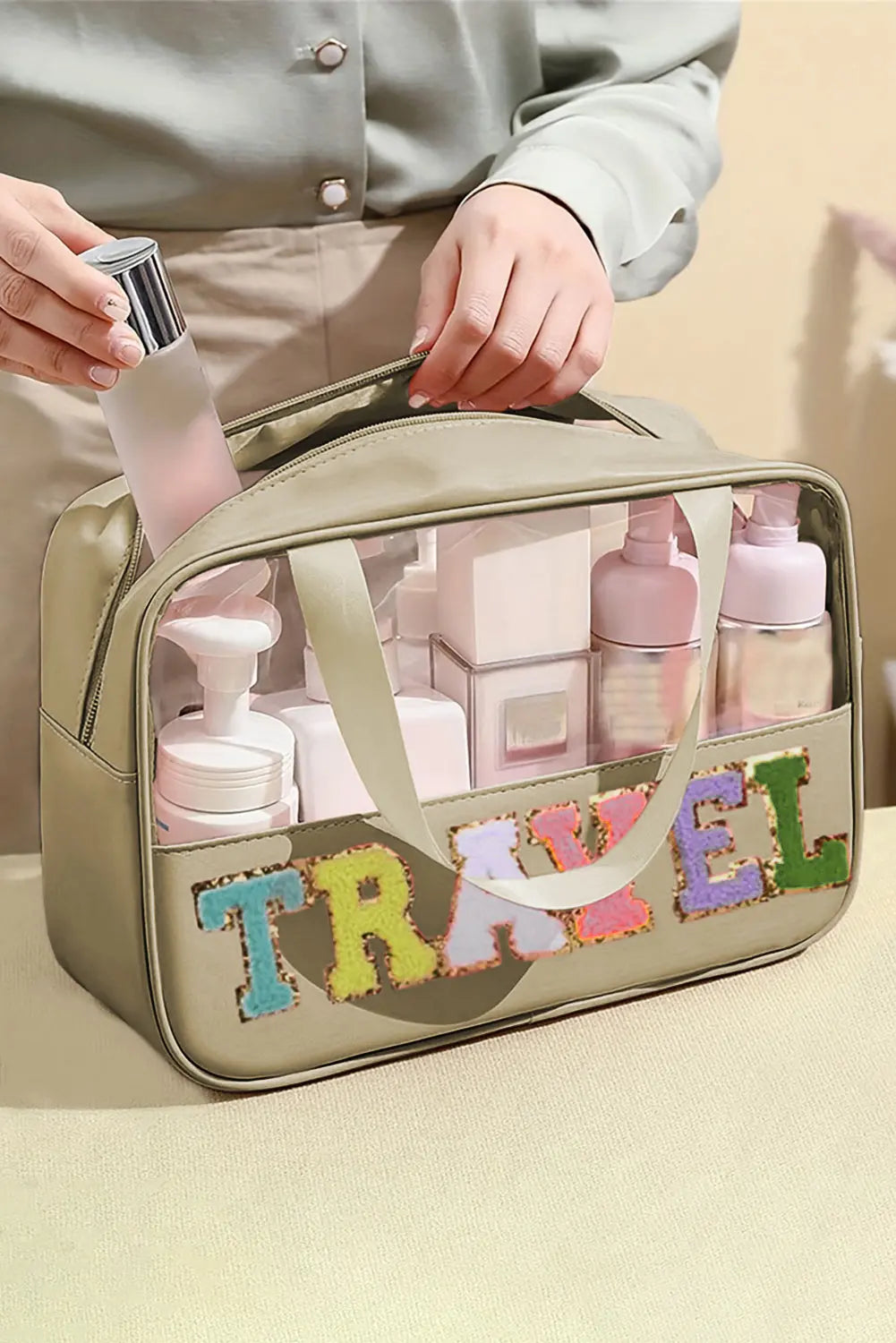 Parchment TRAVEL Letter Print Clear PVC Makeup Bag - eAura