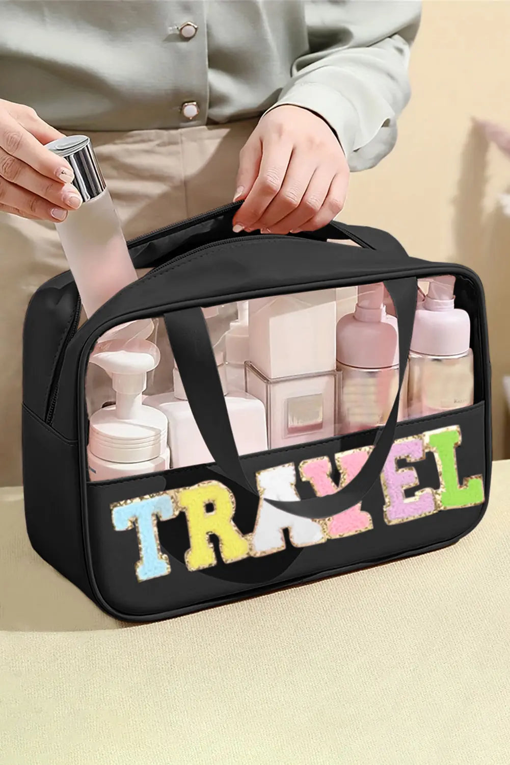 Parchment TRAVEL Letter Print Clear PVC Makeup Bag - eAura