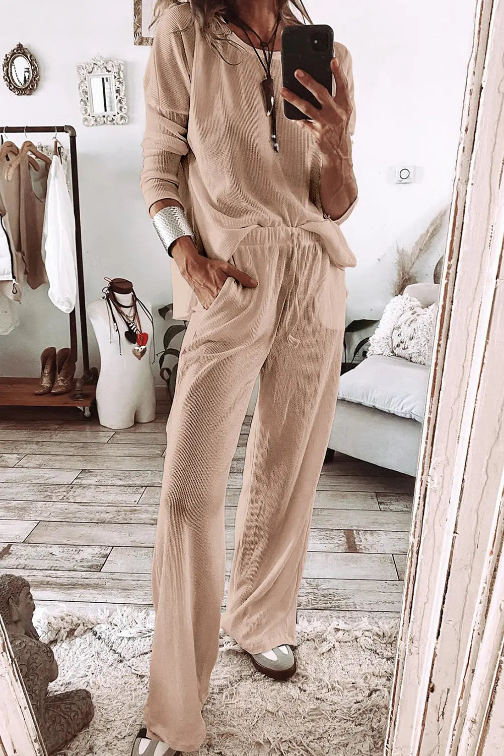 Parchment Textured Long Sleeve T Shirt and Trousers Lounge Set eAura
