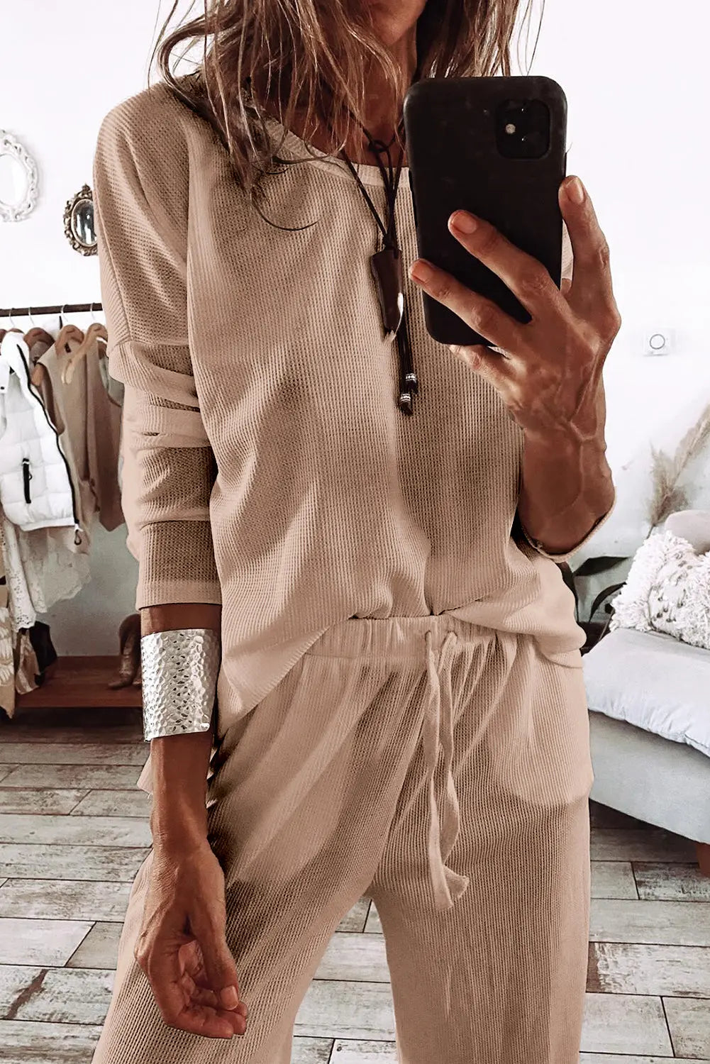 Parchment Textured Long Sleeve T Shirt and Trousers Lounge Set eAura