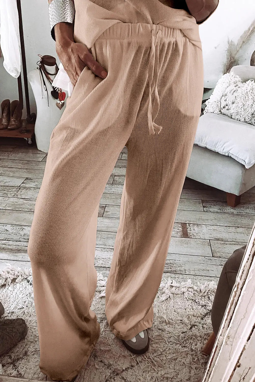 Parchment Textured Long Sleeve T Shirt and Trousers Lounge Set eAura